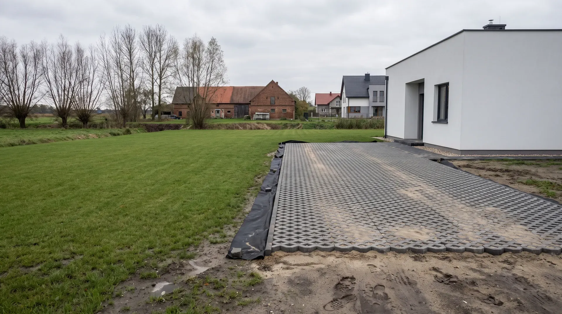 Nowy podjazd z kostki na dwa auta przed domem w Kamieńcu Wrocławskim