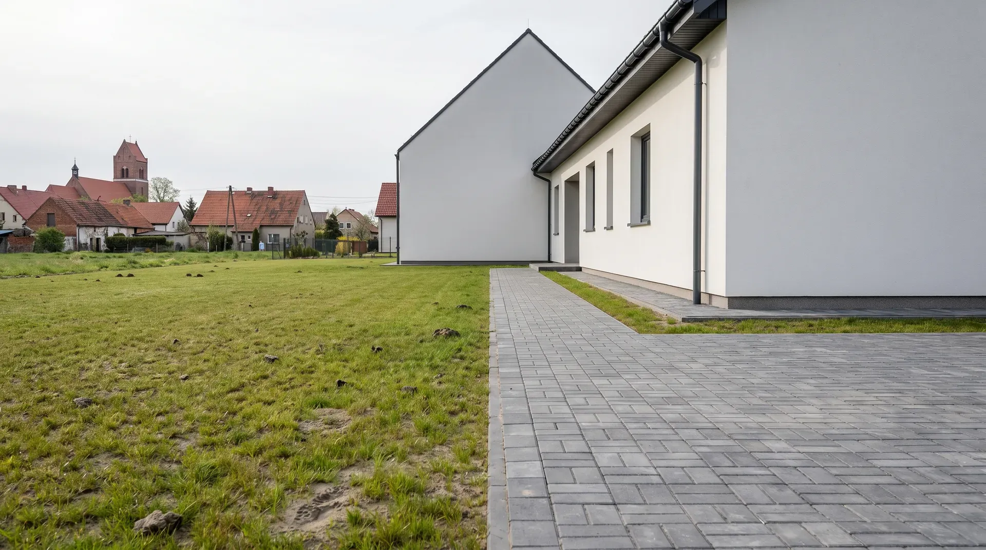 Nowy dom na osiedlu w Smolcu ze świeżo ułożonym podjazdem i opaską z kostki