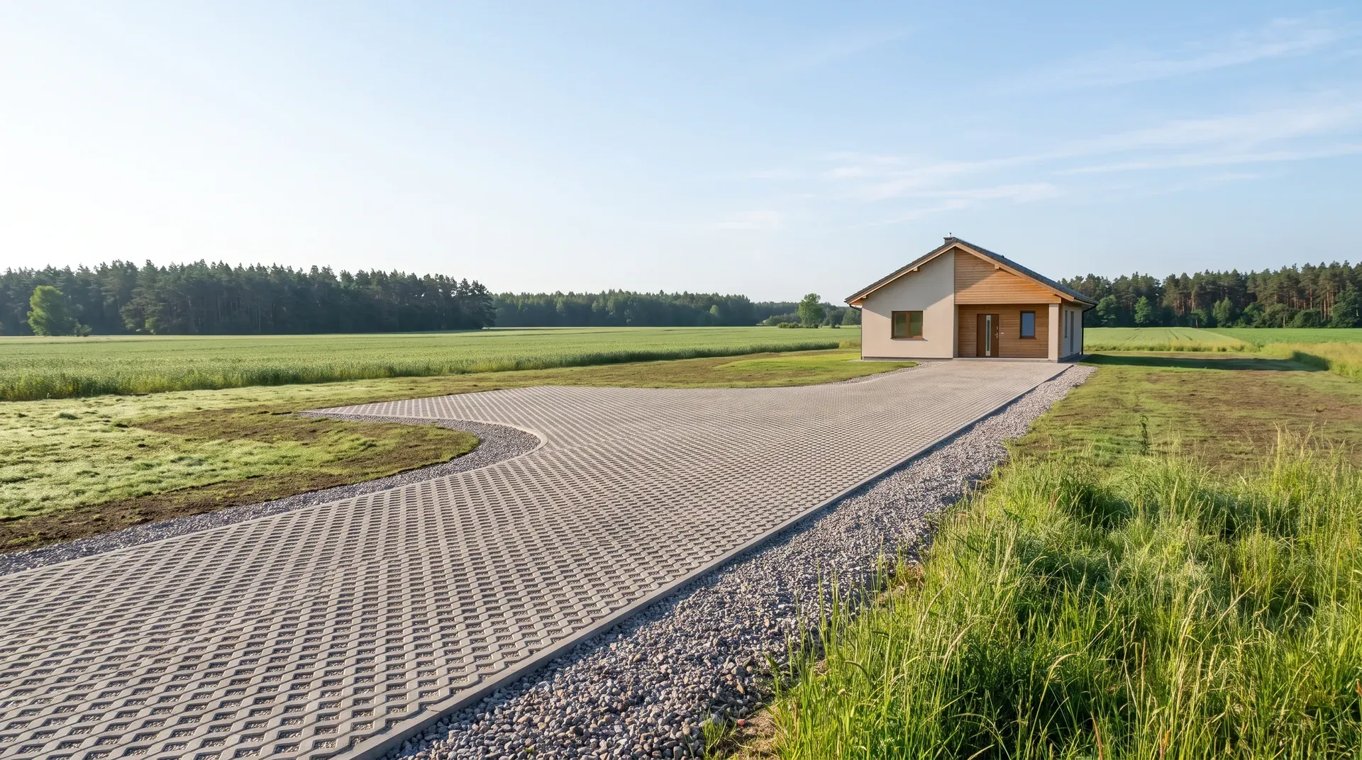 Długi podjazd z kostki i plac manewrowy przed wiejskim domem w gminie Miękinia