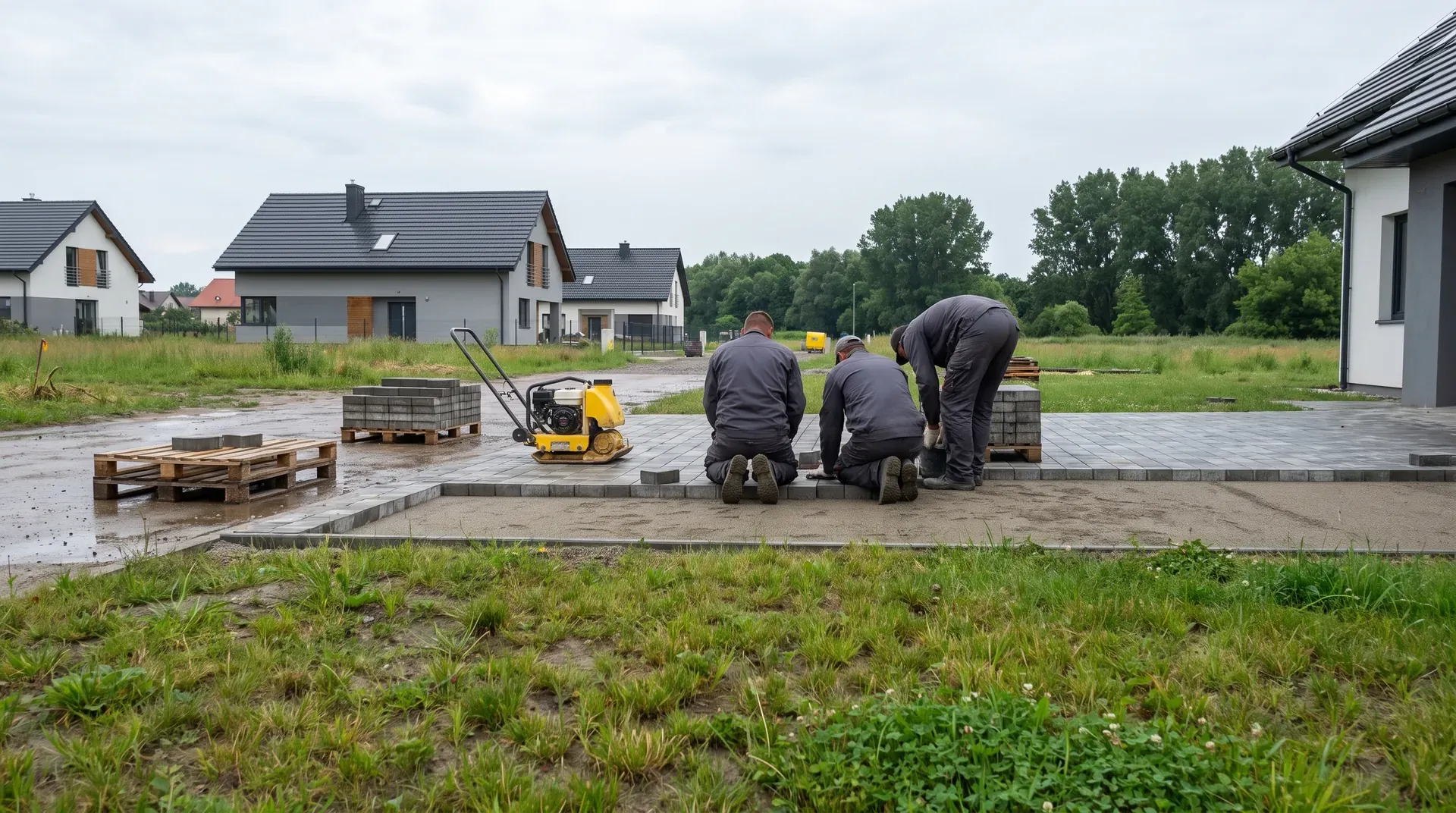 Brukarze układają szarą kostkę na zagęszczonej podbudowie podjazdu w Siechnicach