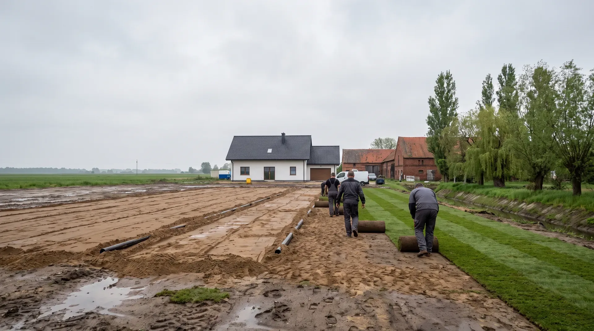 Układanie trawy z rolki na płaskiej działce w dolinie Odry w gminie Czernica