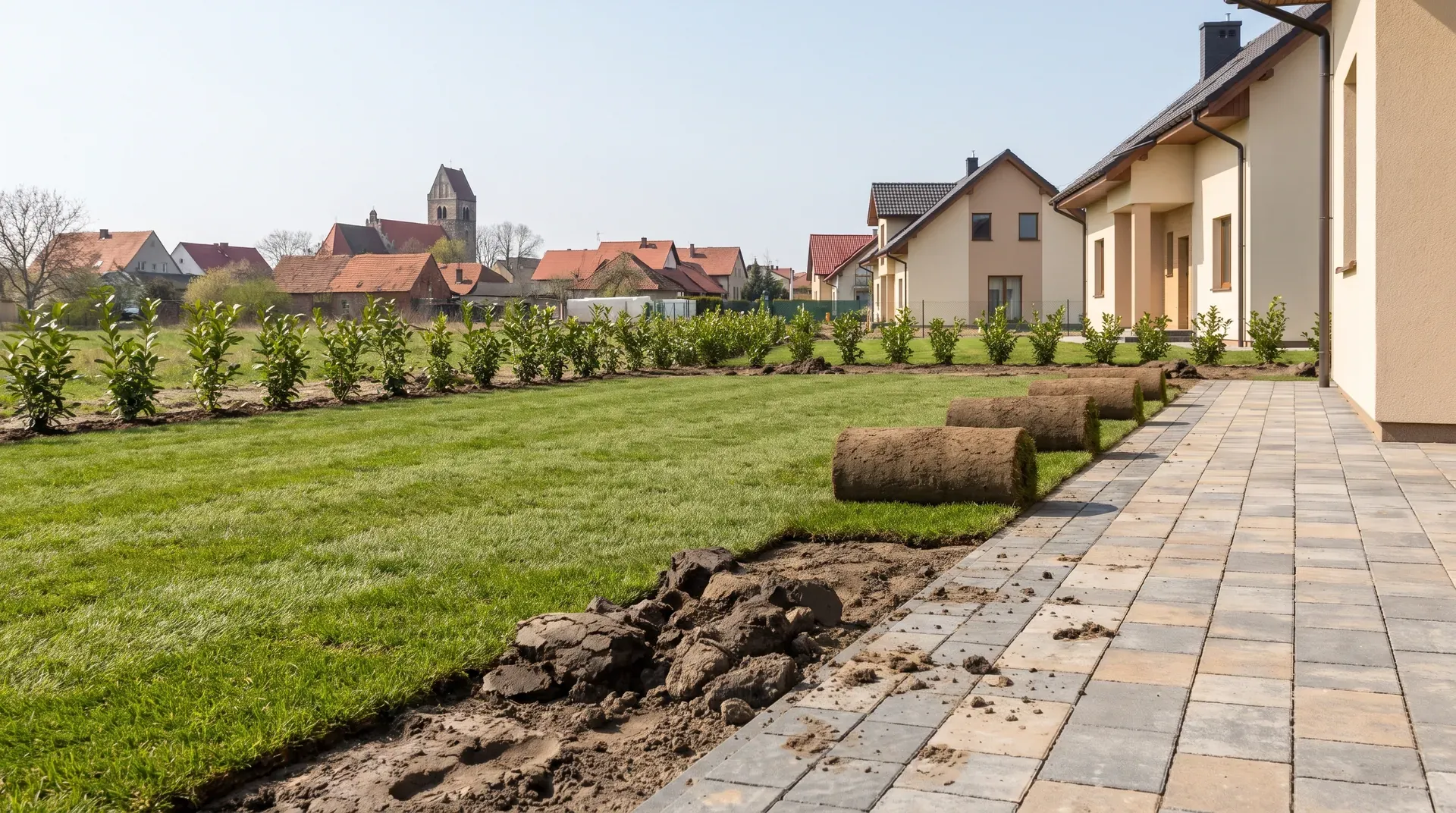 Świeże rolki trawy ułożone przy nowej ścieżce z kostki na osiedlu w Smolcu