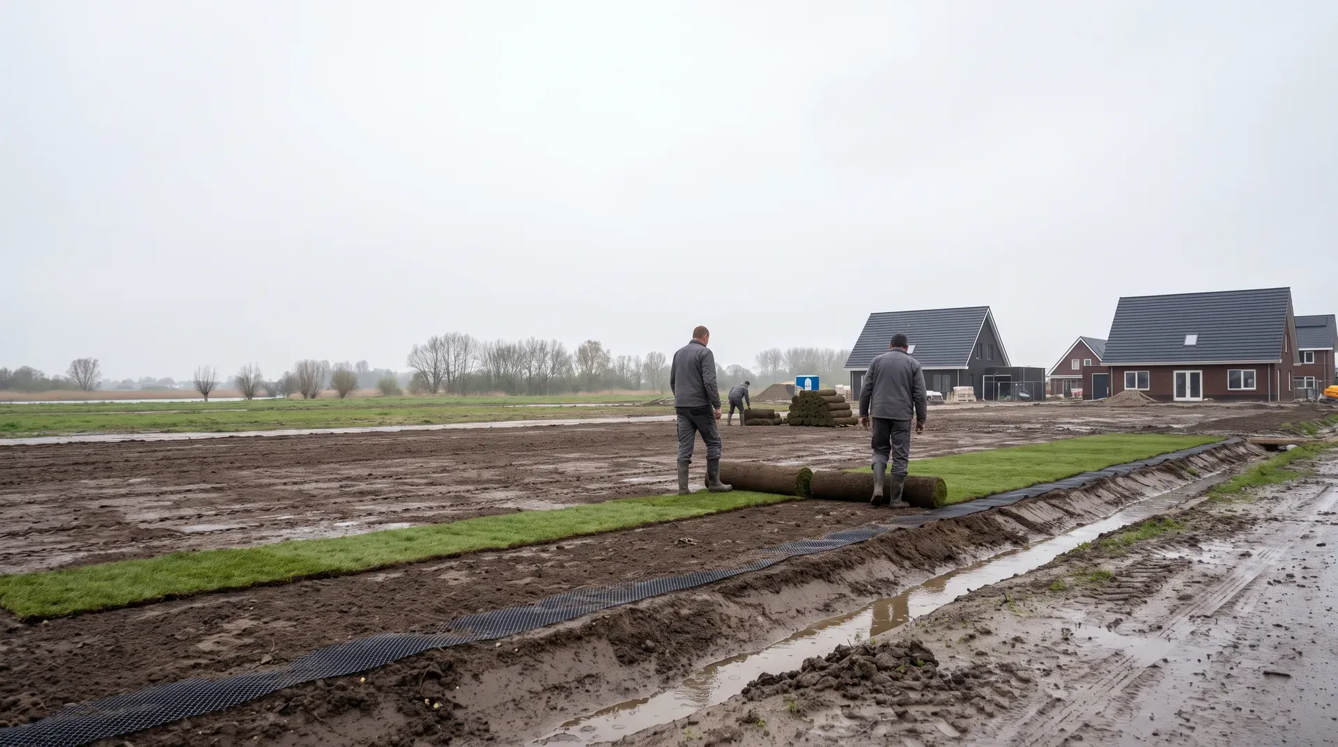 Układanie trawy z rolki na wyrównanej działce przy nowym domu w Siechnicach