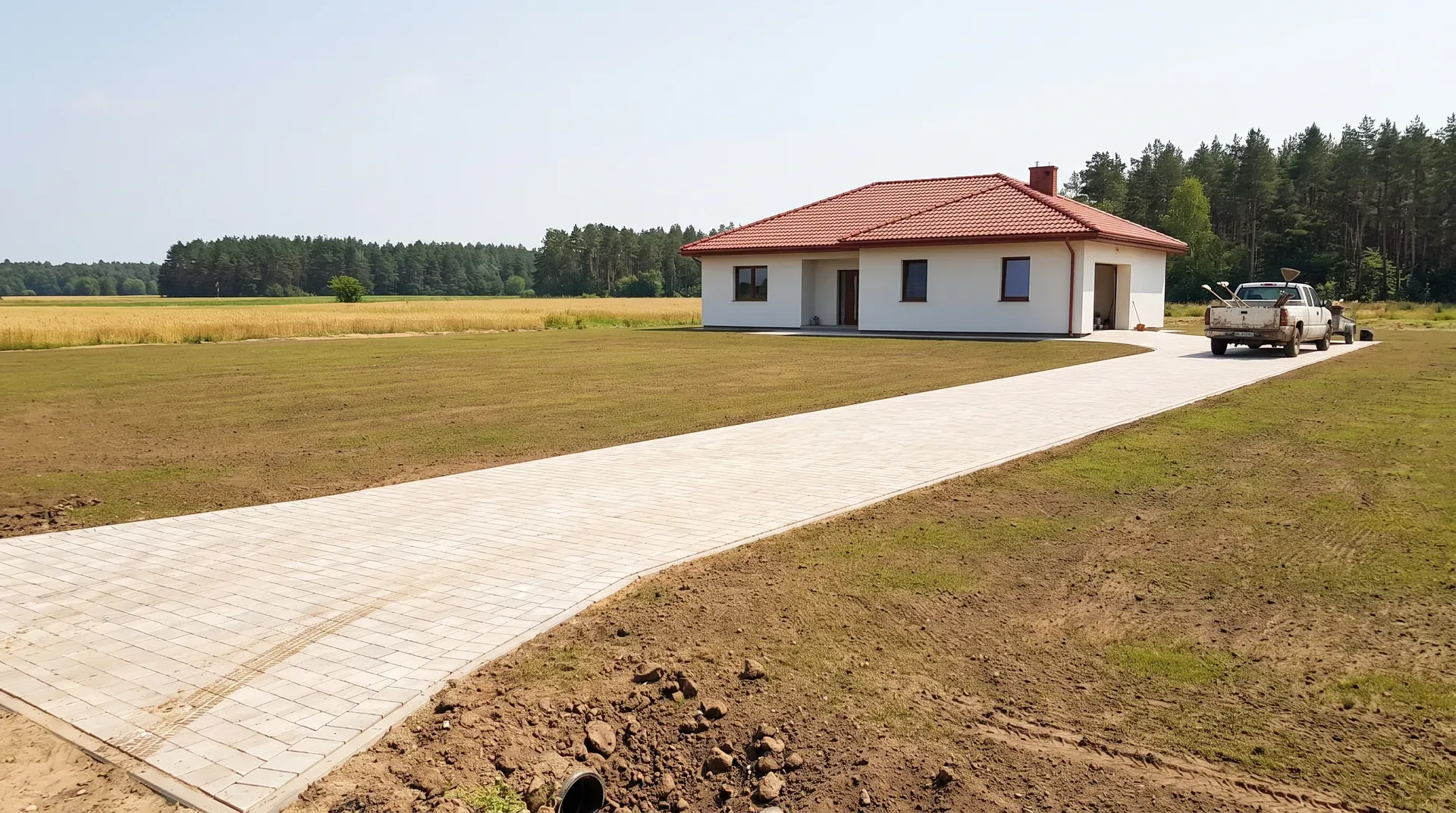 Przestronna wiejska działka z nowym domem i długim podjazdem w gminie Miękinia