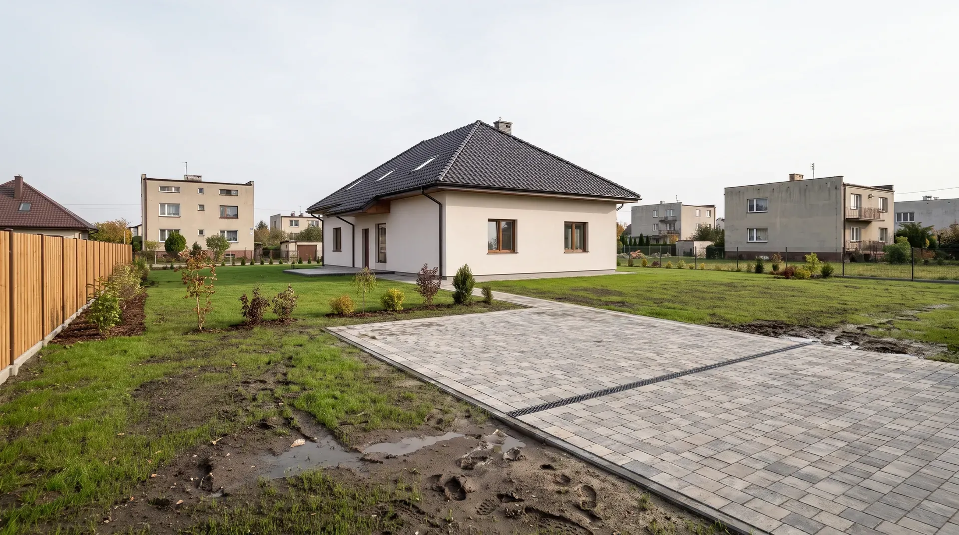 Nowy dom na obrzeżach Oleśnicy z podjazdem z kostki, odwodnieniem i trawnikiem