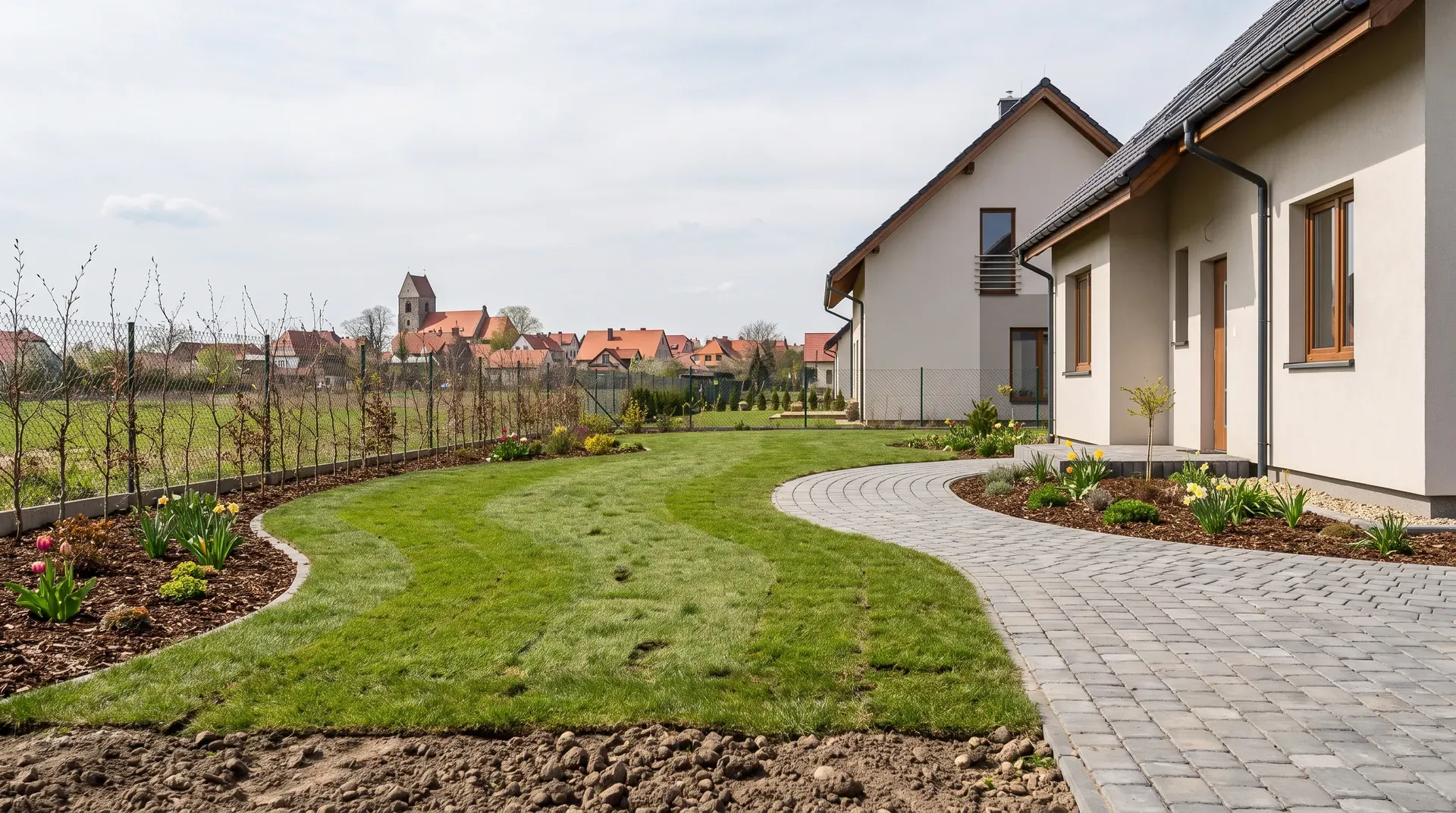 Świeżo urządzony ogród frontowy i boczny przy nowym domu w Smolcu z żywopłotem