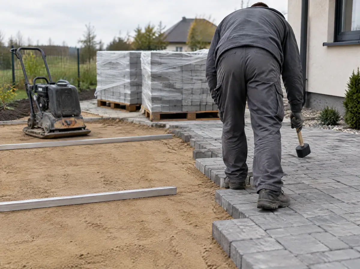 Układanie szarej kostki brukowej na podjeździe nowego domu pod Wrocławiem