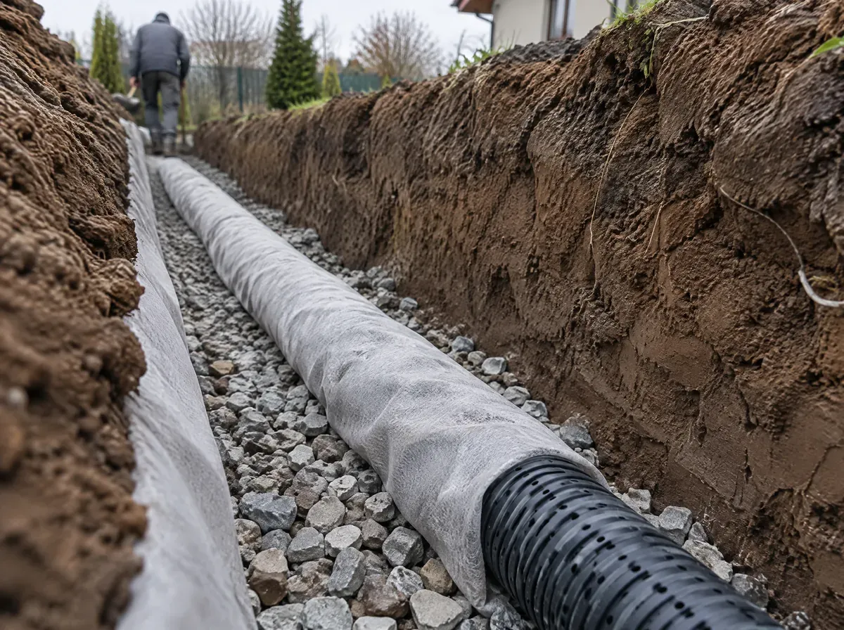 Minikoparka wyrównuje teren i kopie rów drenażowy na działce pod Wrocławiem