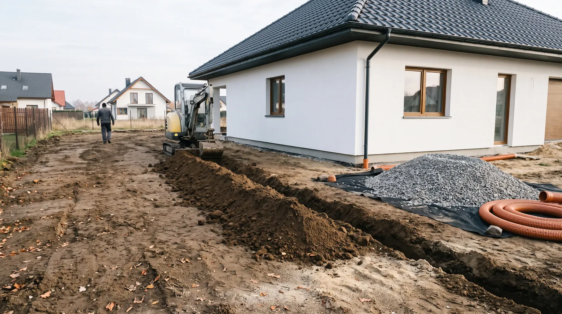 Minikoparka wyrównuje teren i kopie rów drenażowy na działce pod Wrocławiem