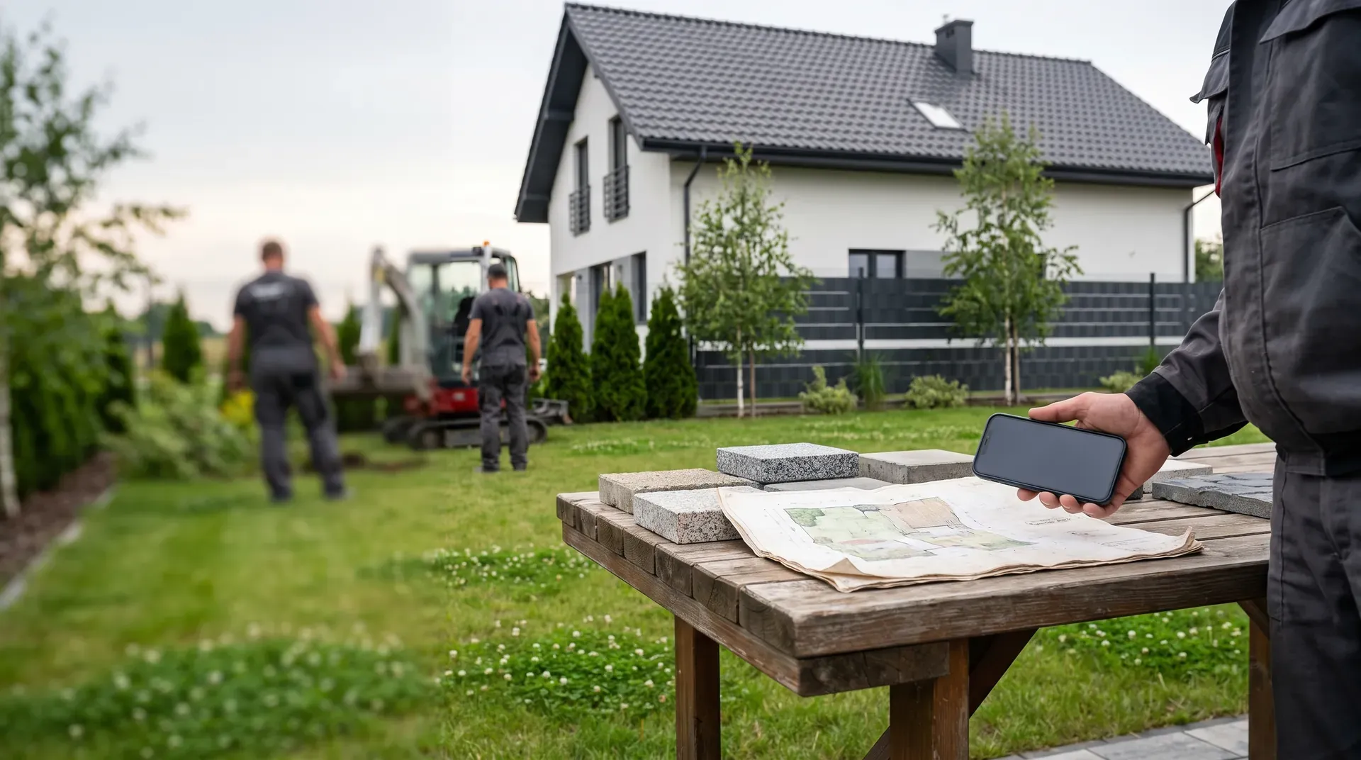 Smartfon nad planem ogrodu i próbkami kostki na stole tarasu nowego domu