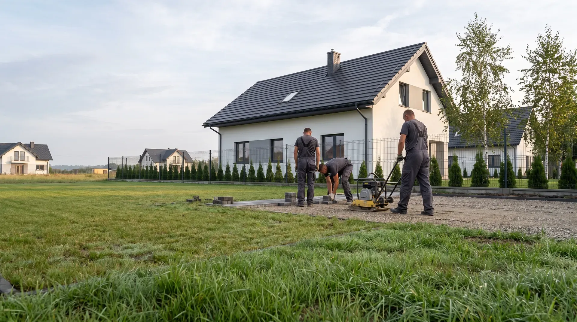 Ekipa układa i zagęszcza kostkę brukową przy nowym domu pod Wrocławiem