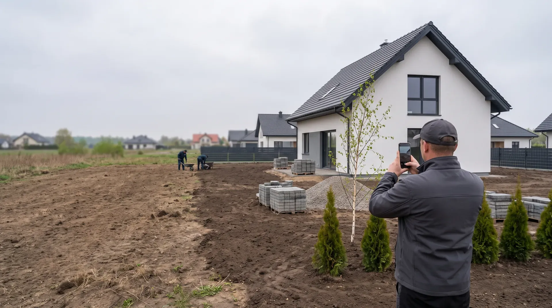 Właściciel nowego domu fotografuje telefonem działkę do wyceny ogrodu pod Wrocławiem