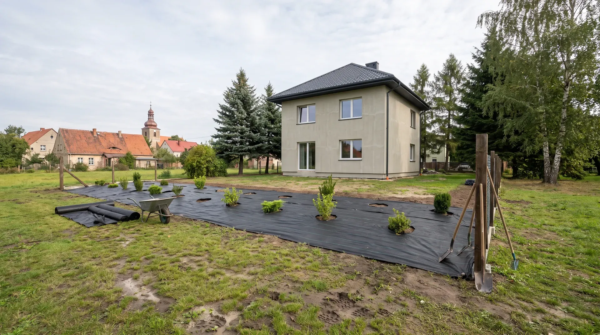 Czarna agrotkanina przypięta szpilkami na rabacie z nacięciami pod młode rośliny przed ściółkowaniem