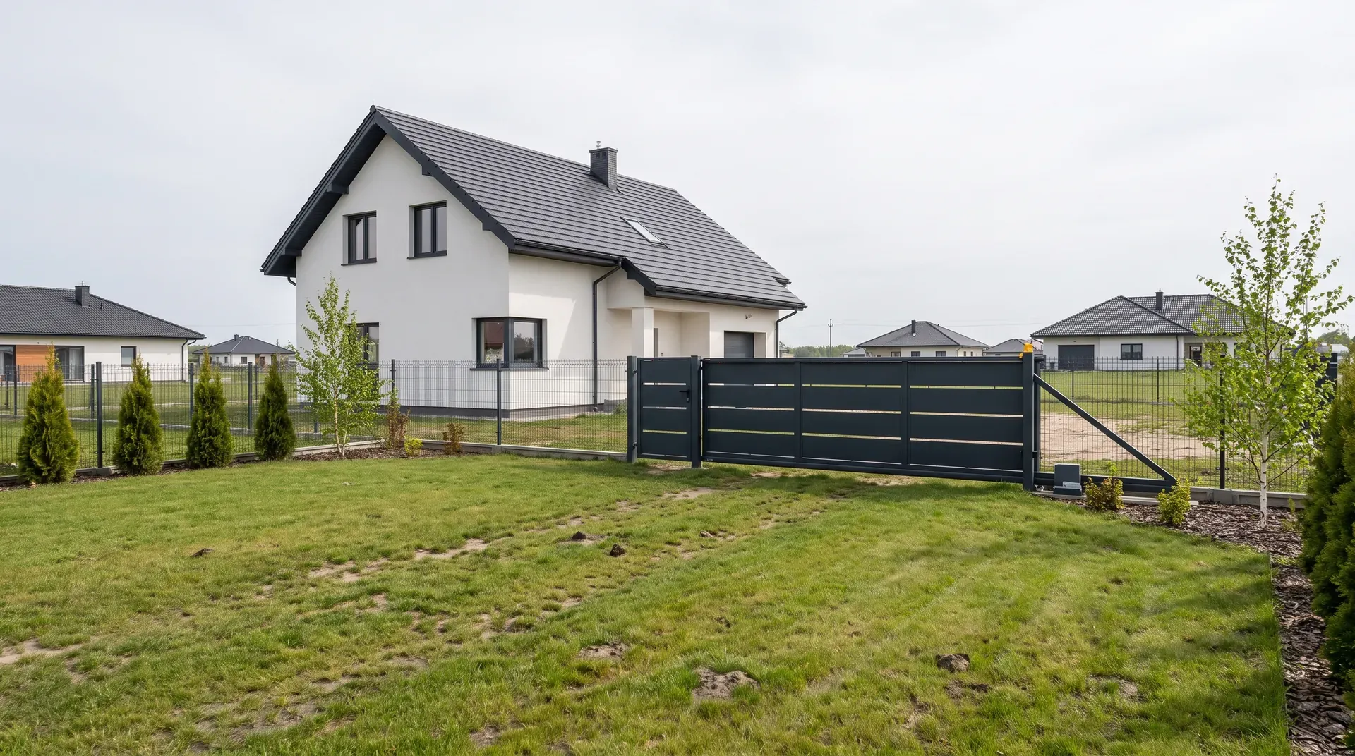 Antracytowa brama przesuwna z furtką i ogrodzeniem panelowym przy nowym domu