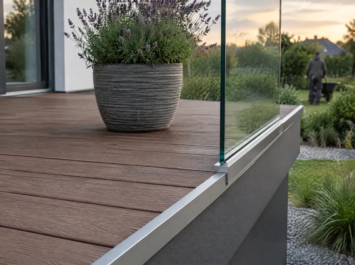 Balkon nowoczesnego domu wykończony brązowymi deskami kompozytowymi i szklaną balustradą pod Wrocławiem
