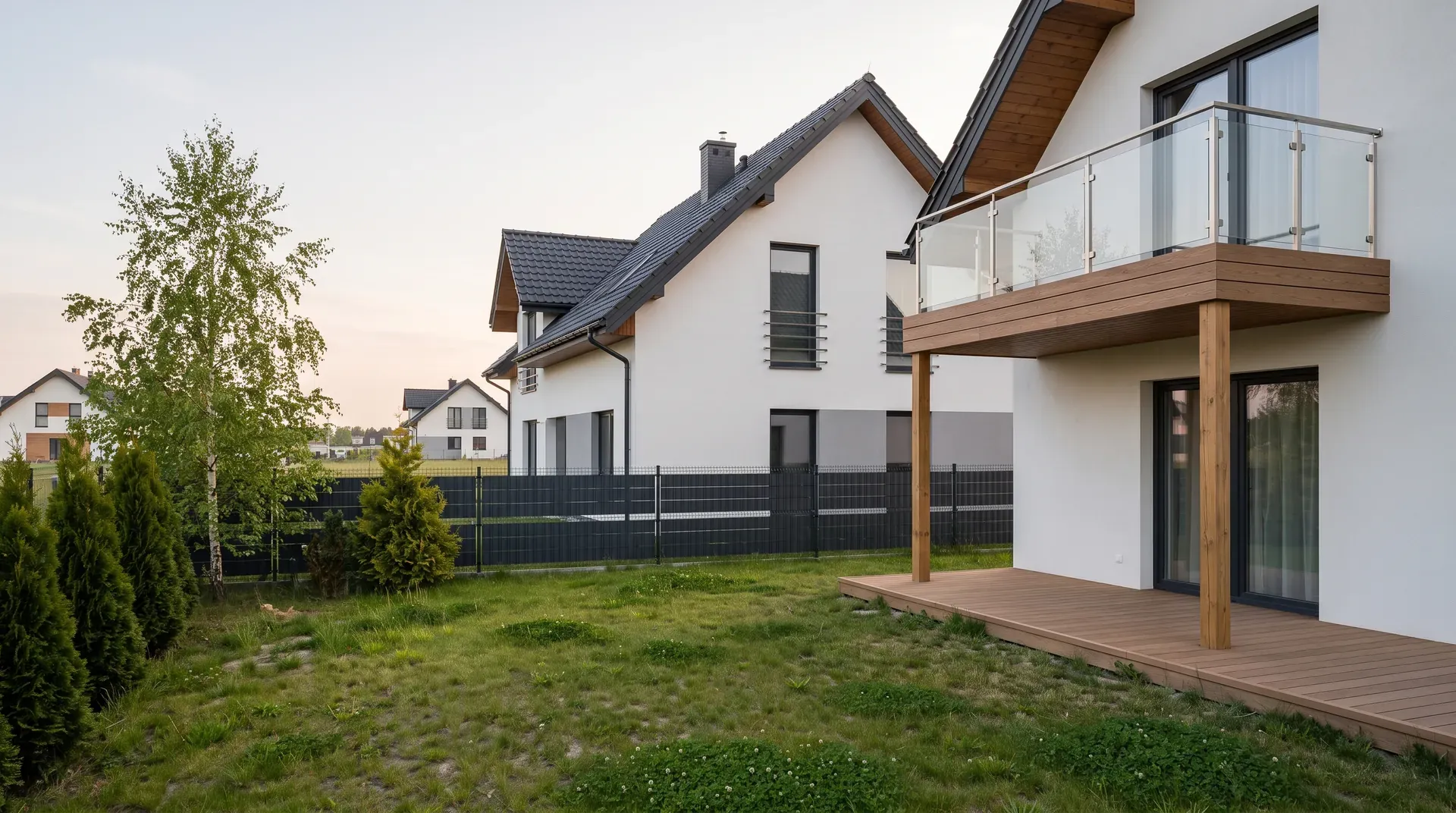 Balkon nowoczesnego domu wykończony brązowymi deskami kompozytowymi i szklaną balustradą pod Wrocławiem