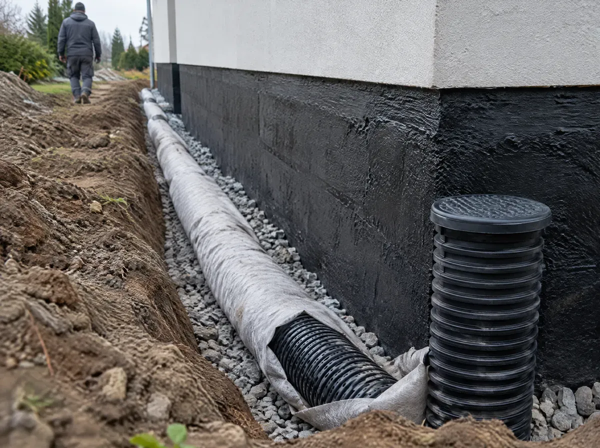 Perforowana rura drenarska ułożona w żwirze przy fundamencie domu jednorodzinnego pod Wrocławiem