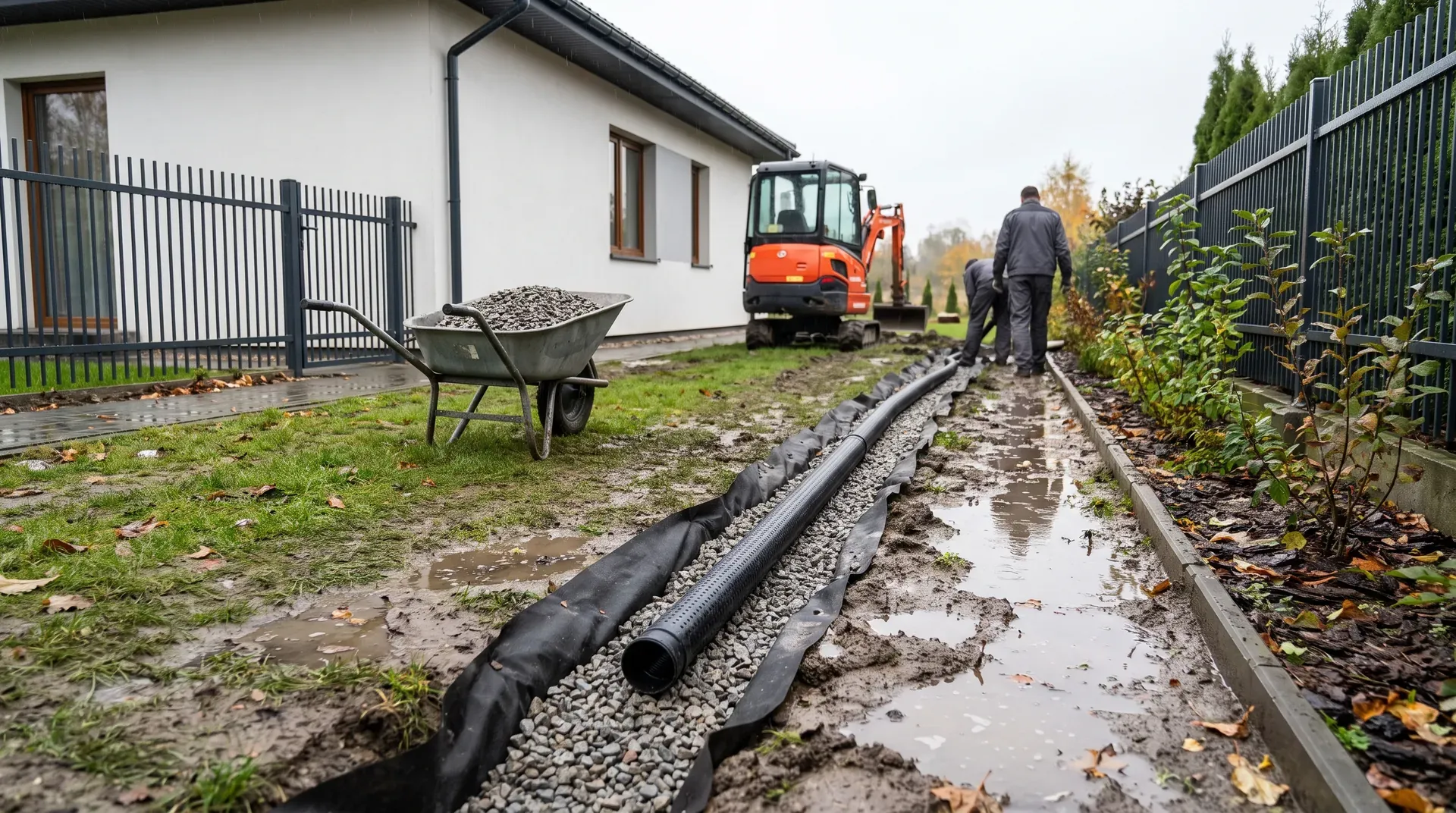 Drenaż wokół domu – rura drenarska w żwirze wzdłuż fundamentu w otwartym wykopie