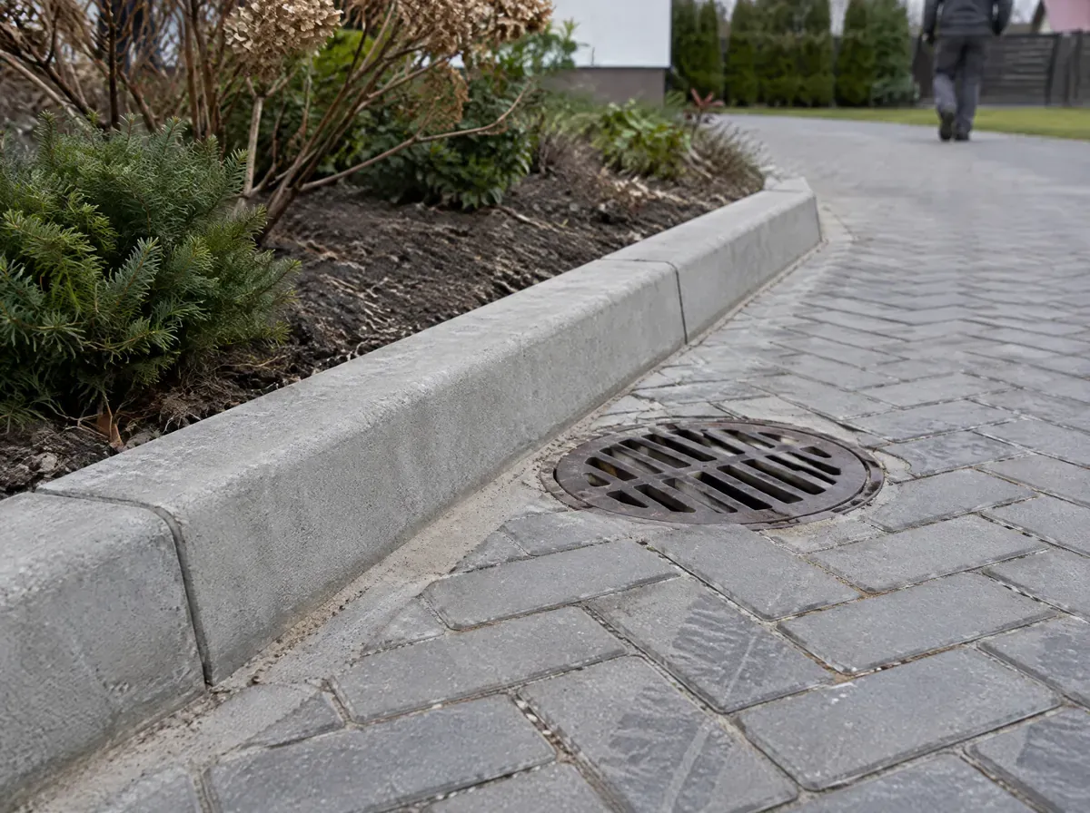 Droga dojazdowa i plac do zawracania z szarej kostki między nowymi domami
