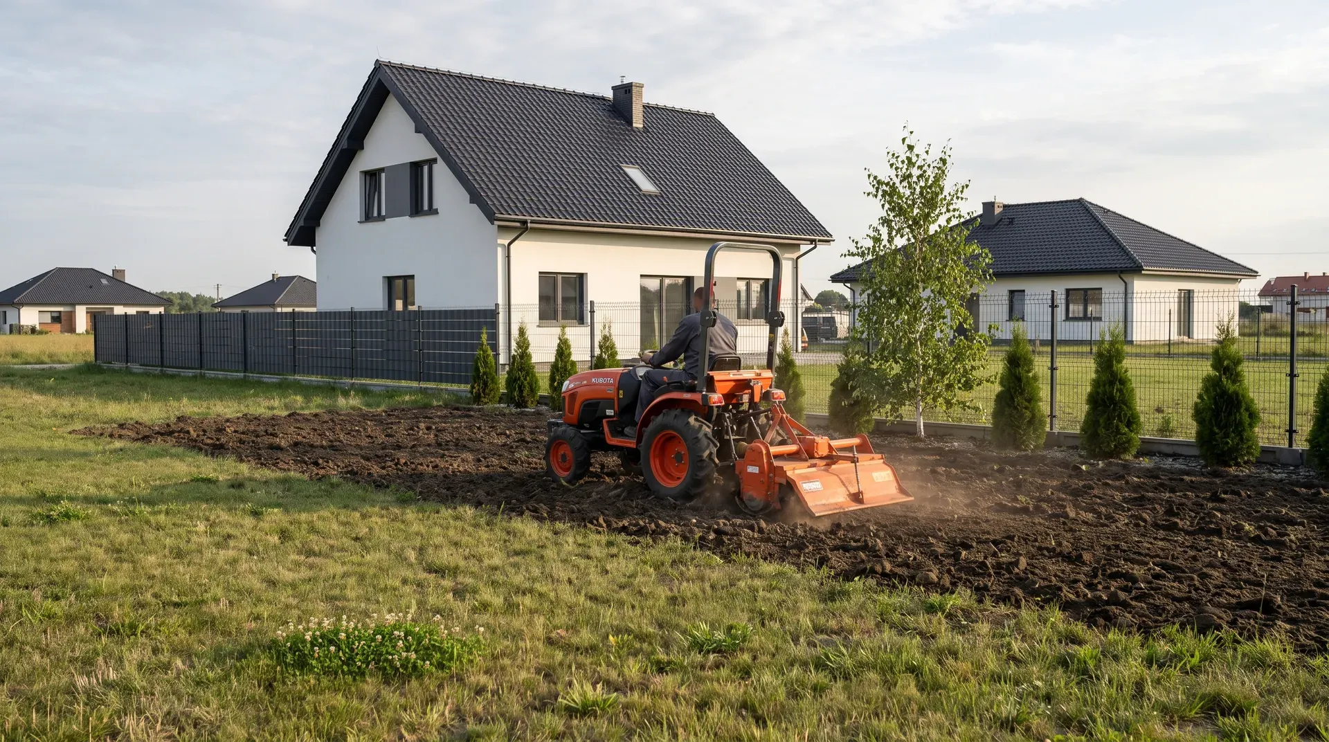 Glebogryzarka separacyjna za kompaktowym ciągnikiem spulchnia ciemną ziemię na nowej działce pod Wrocławiem