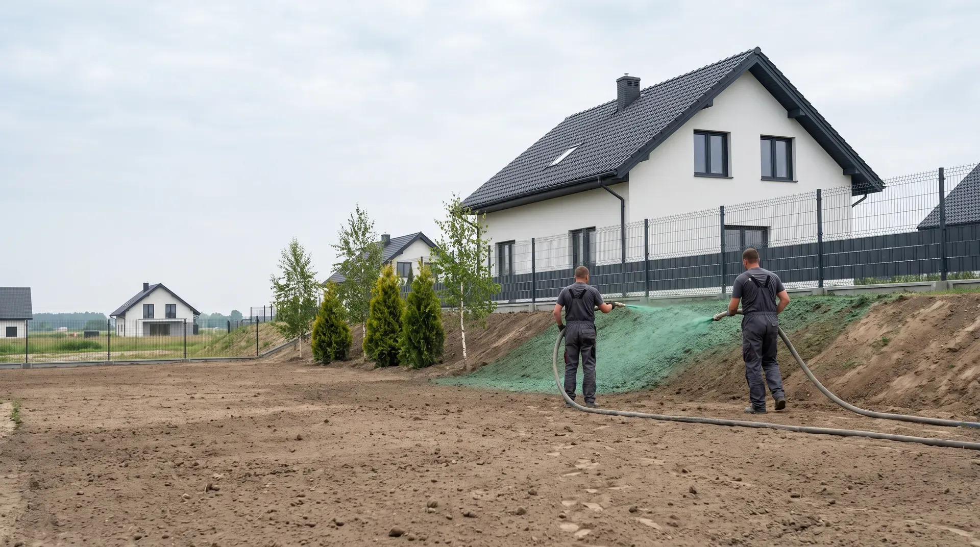 Hydrosiew – natrysk mieszanki nasion na wyrównaną skarpę przy nowym domu