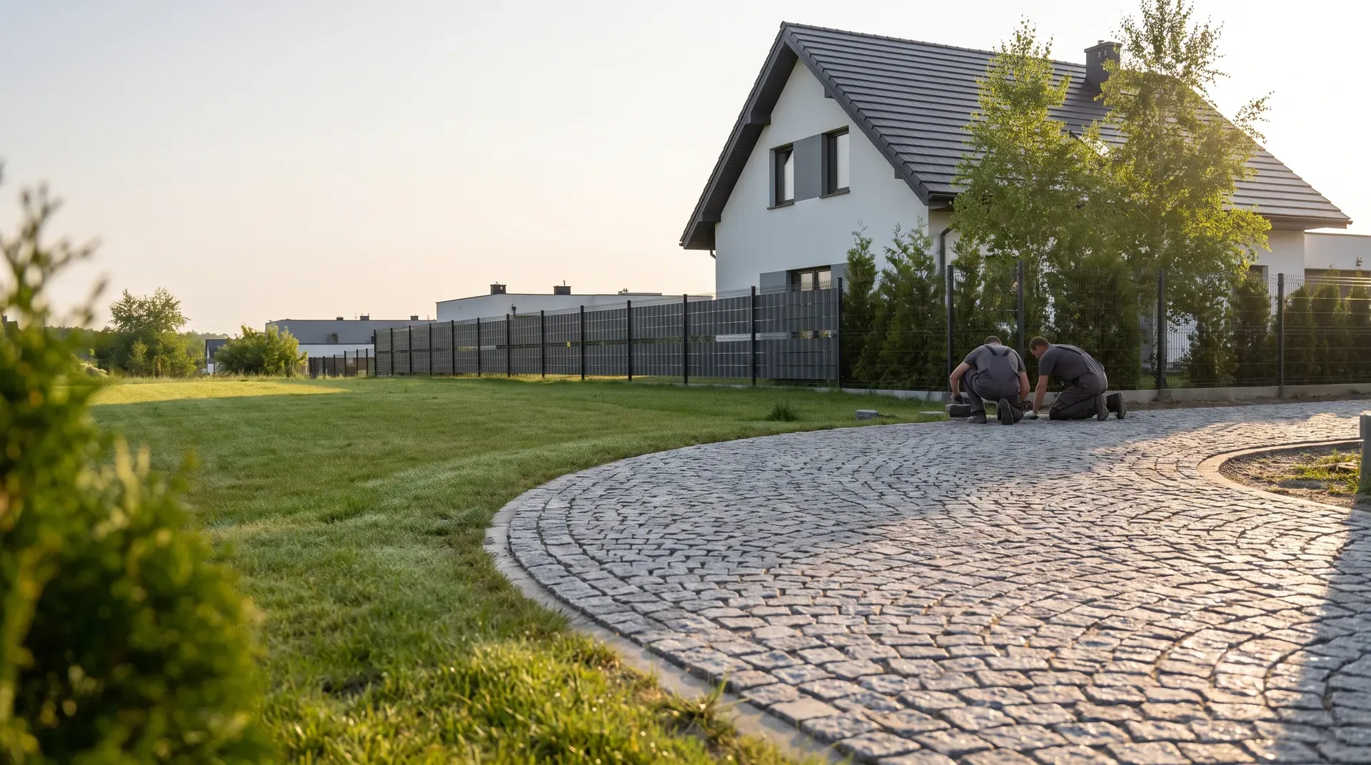 Kostka granitowa ułożona w łuki na podjeździe przy domu jednorodzinnym pod Wrocławiem