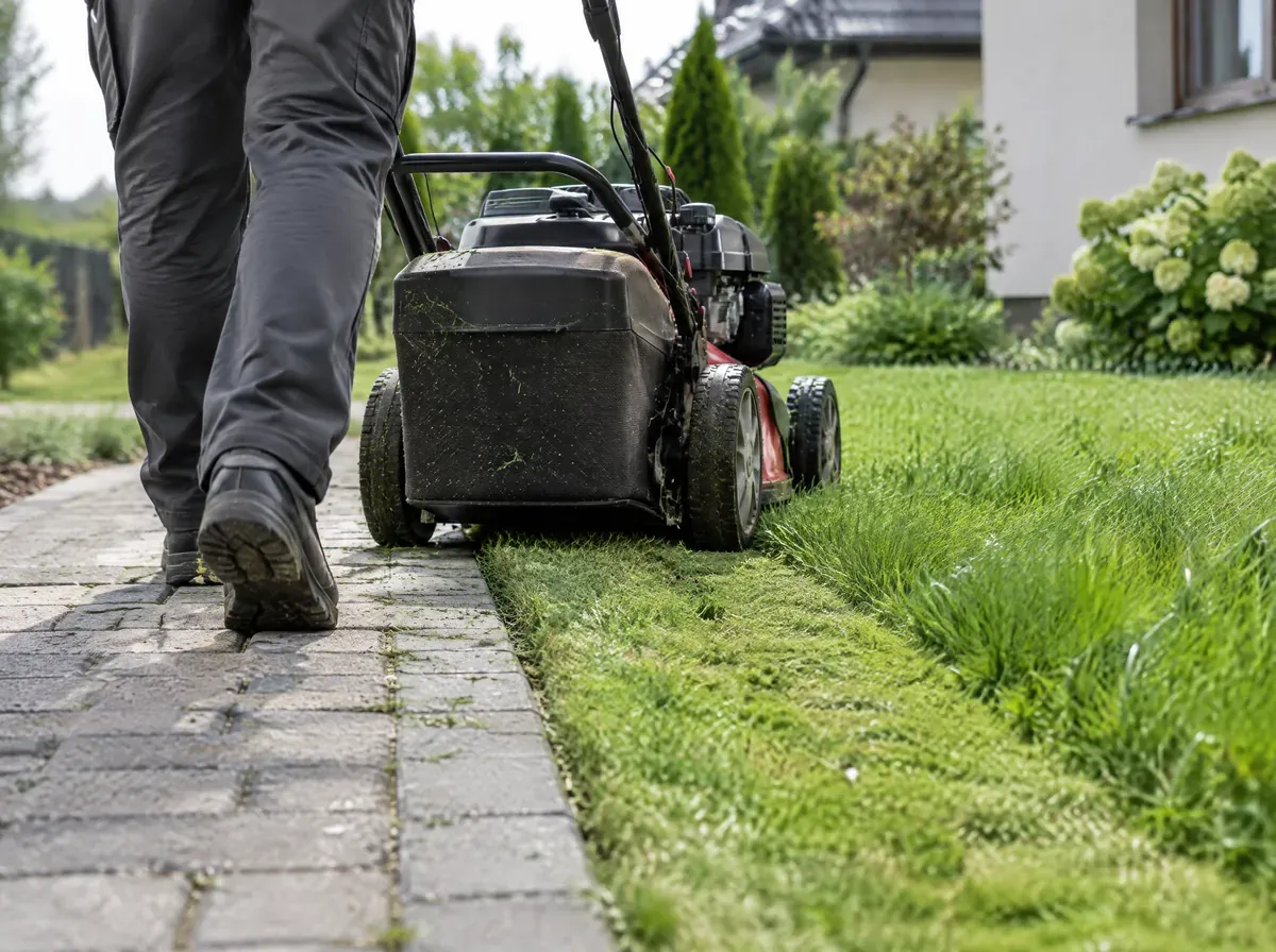 Świeżo skoszony trawnik w pasy przy nowym domu jednorodzinnym pod Wrocławiem