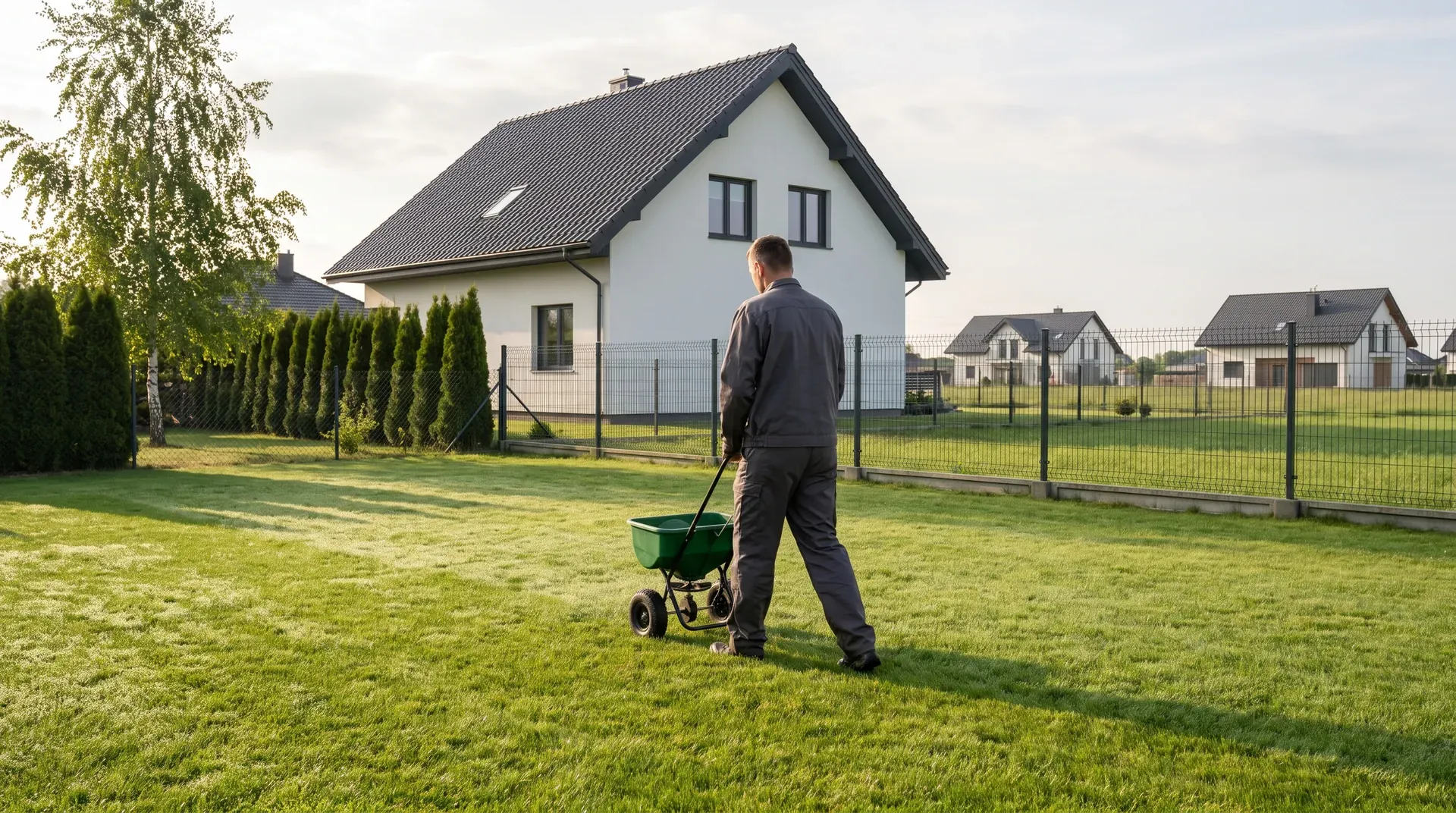 Rozsiewacz nawozu na gęstym zielonym trawniku przy domu jednorodzinnym pod Wrocławiem