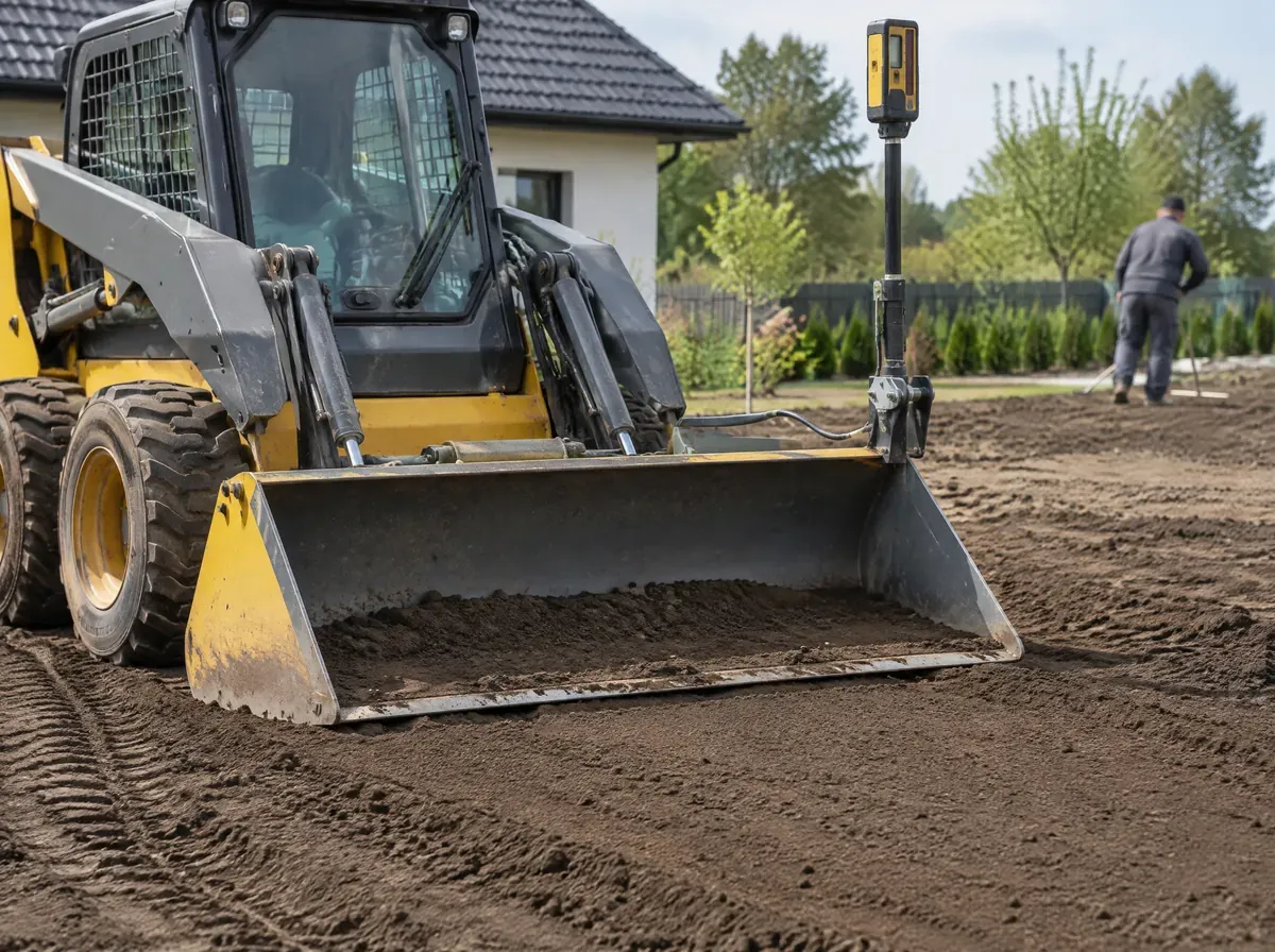 Kompaktowa ładowarka Avant wyrównuje ziemię obok nowego domu jednorodzinnego na Dolnym Śląsku