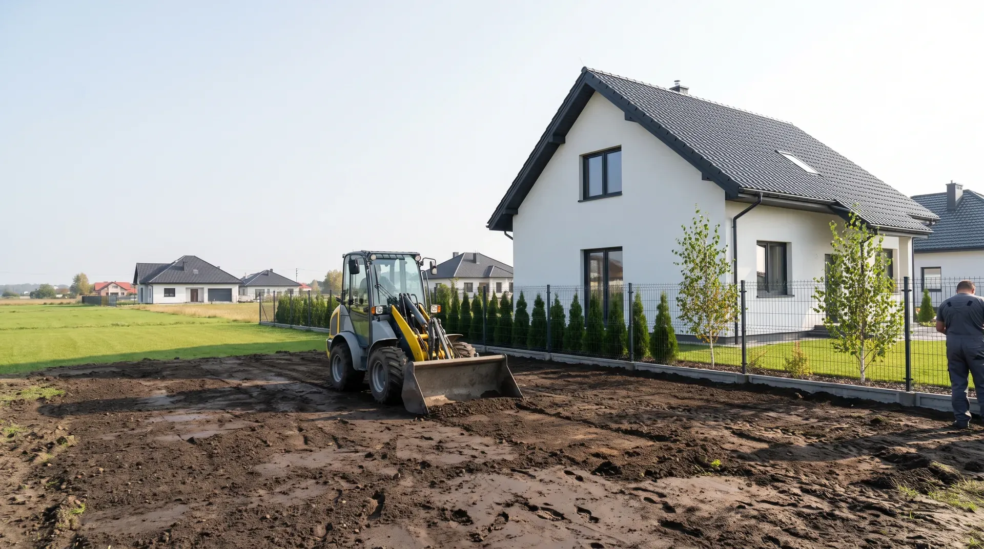Niwelacja terenu ładowarką kompaktową przy nowo wybudowanym domu na Dolnym Śląsku
