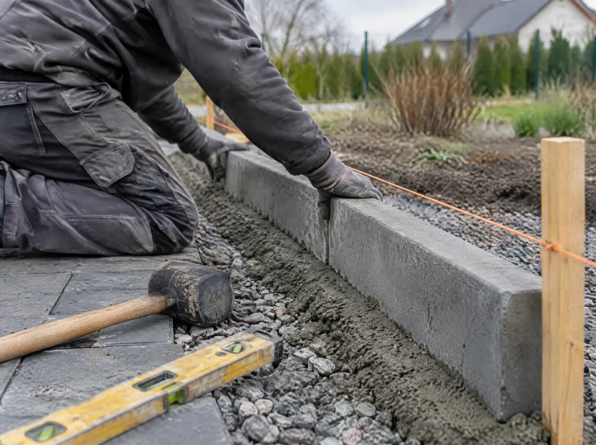 Świeżo osadzone obrzeże betonowe na ławie wzdłuż nowej ścieżki z kostki, rozciągnięty sznurek