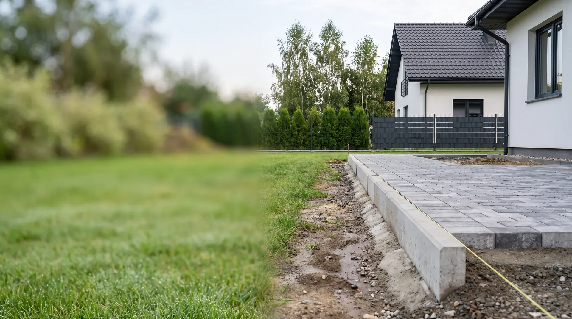 Świeżo osadzone obrzeże betonowe na ławie wzdłuż nowej ścieżki z kostki, rozciągnięty sznurek