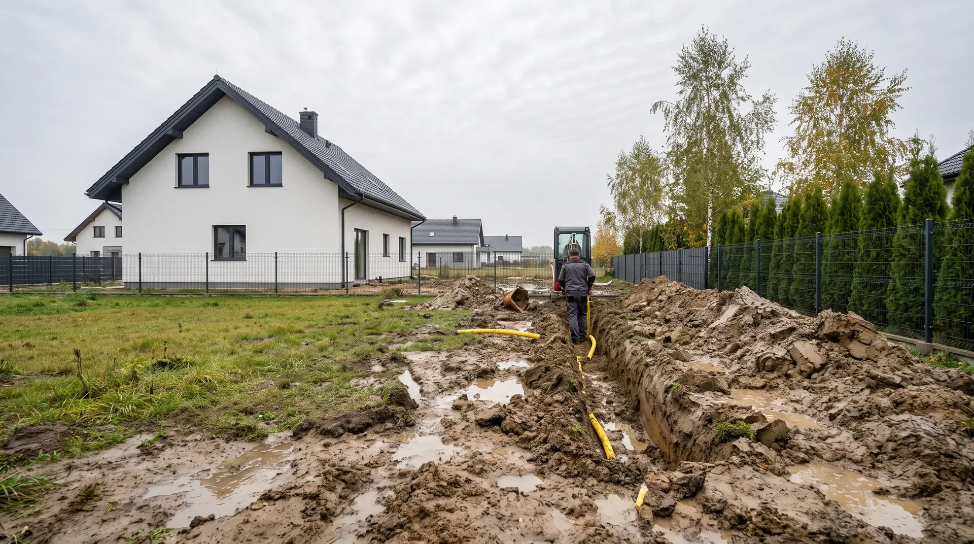 Podmokła gliniasta działka z wykopem pod rury drenarskie przy nowym domu pod Wrocławiem