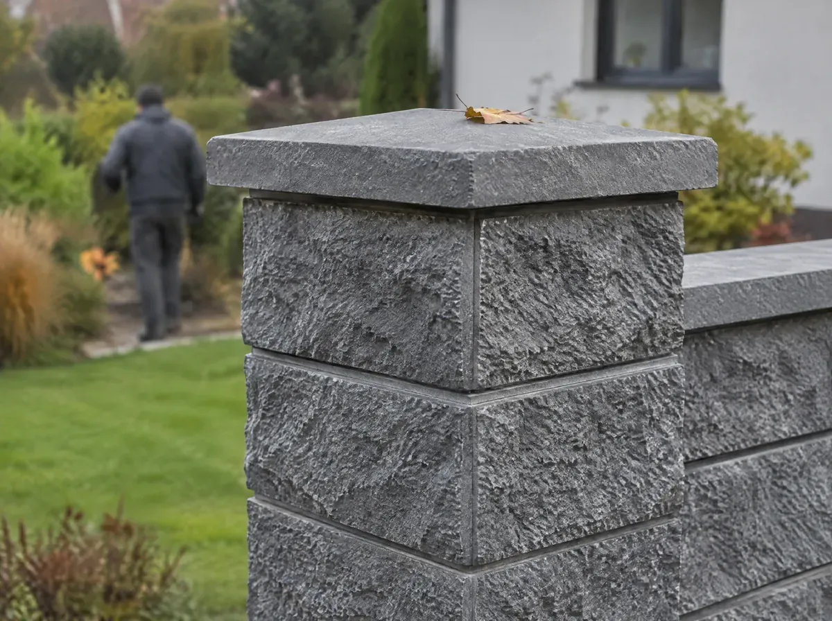 Nowoczesne ogrodzenie z szarych bloczków łupanych od strony ulicy przy domu pod Wrocławiem