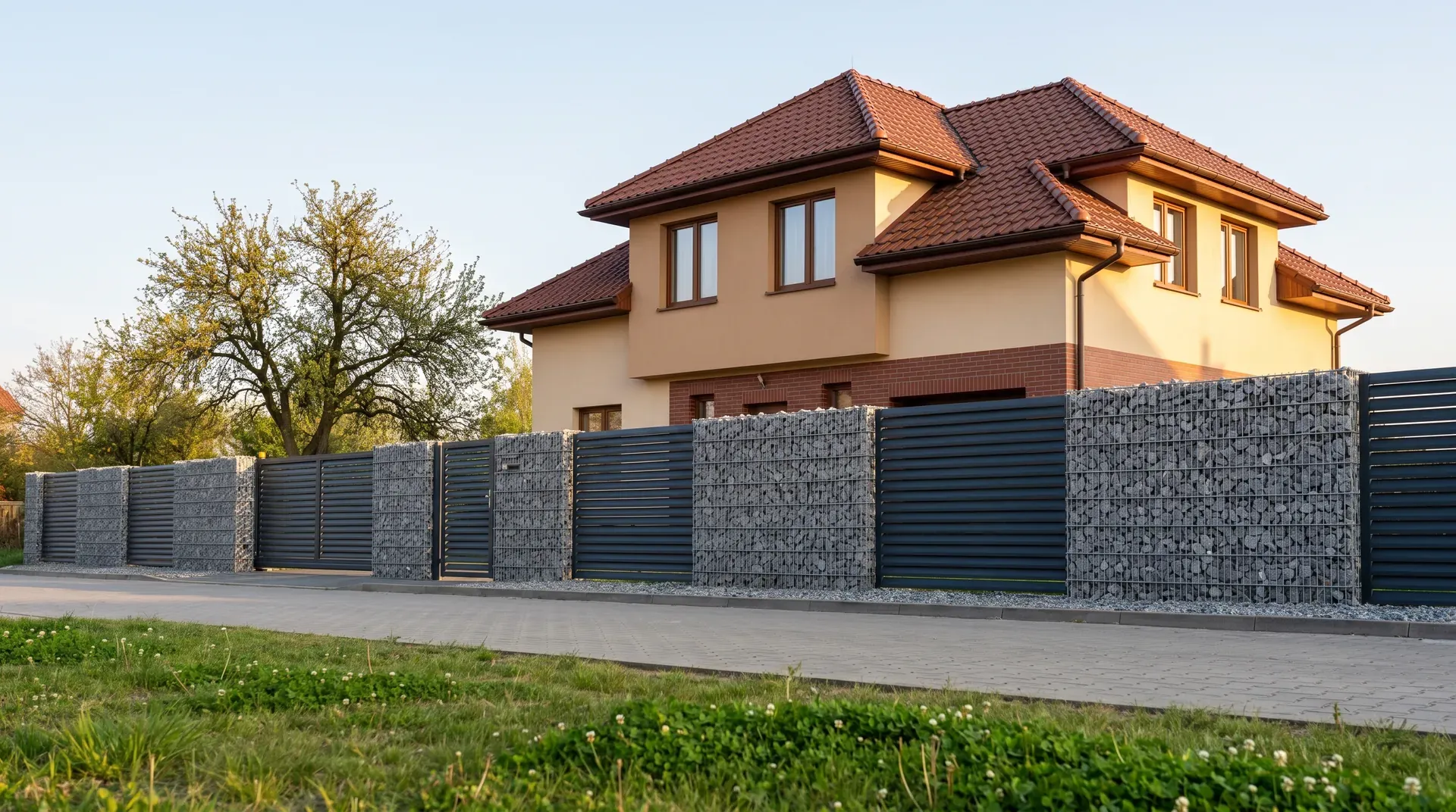 Ogrodzenie gabionowe z granitowym kamieniem połączone z panelami przy nowym domu