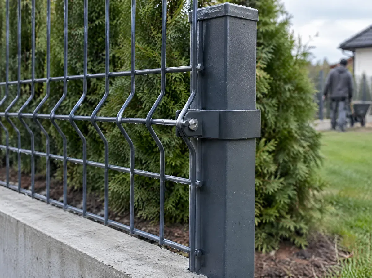 Nowe antracytowe ogrodzenie panelowe 3D z betonową podmurówką i bramą przy domu pod Wrocławiem