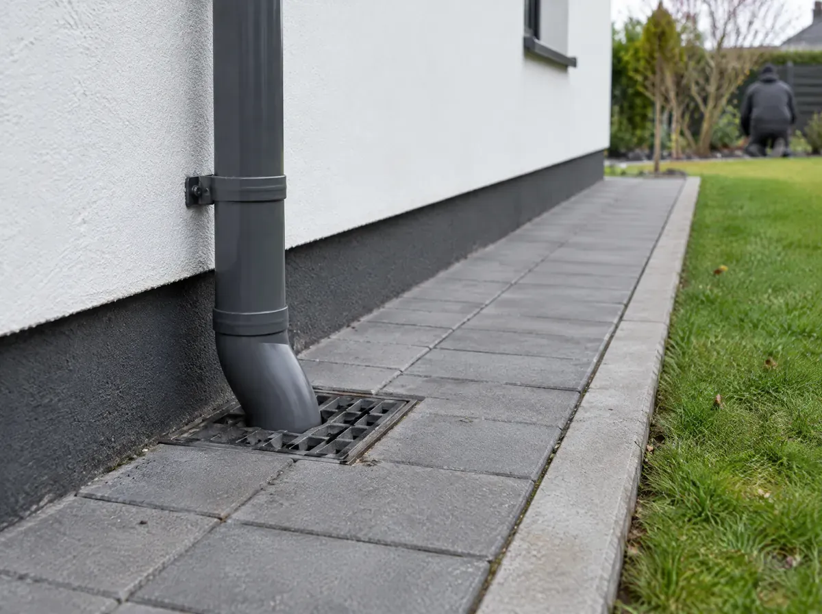 Opaska z betonowej kostki wokół nowego domu jednorodzinnego z równym obrzeżem