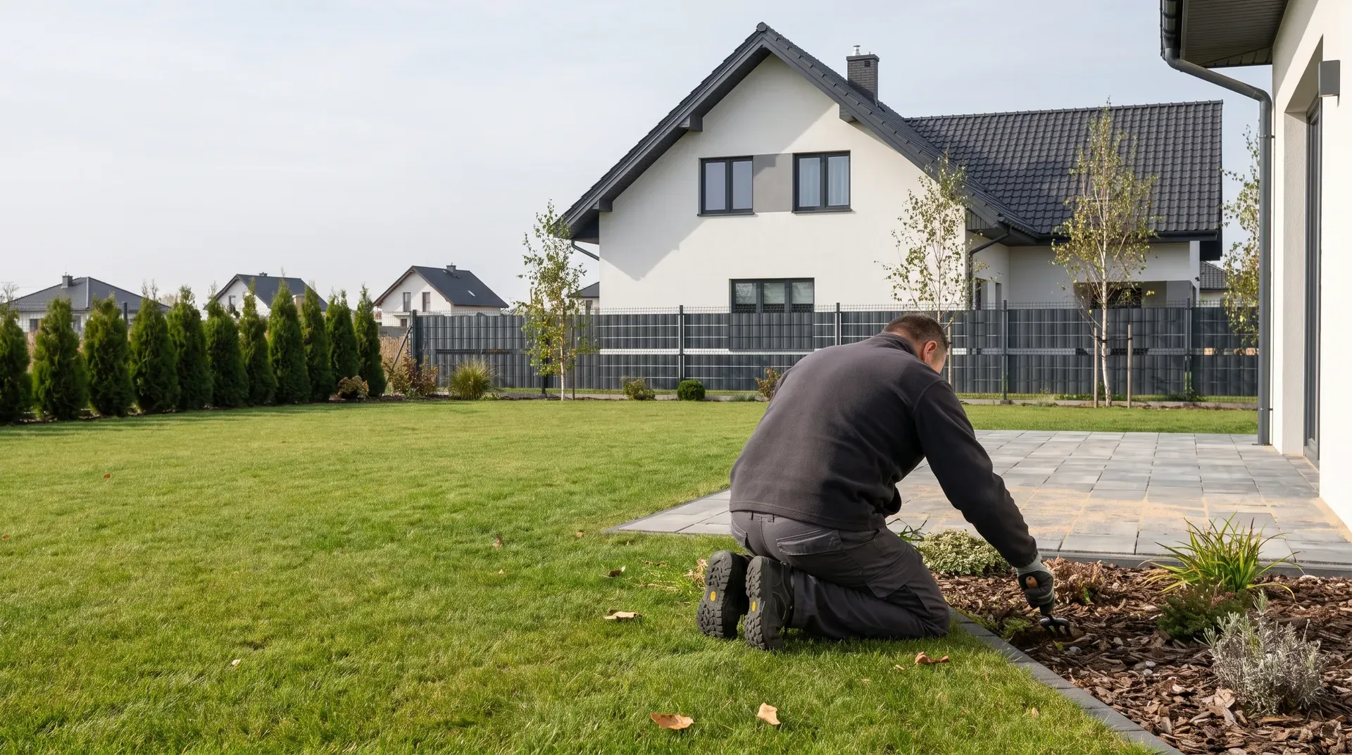 Ogrodnik pieli rabatę bylinową obok przystrzyżonego trawnika przy domu pod Wrocławiem