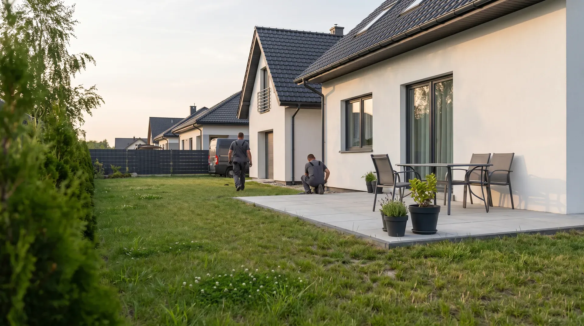 Taras z wielkoformatowych jasnoszarych płyt betonowych przy nowym domu pod Wrocławiem