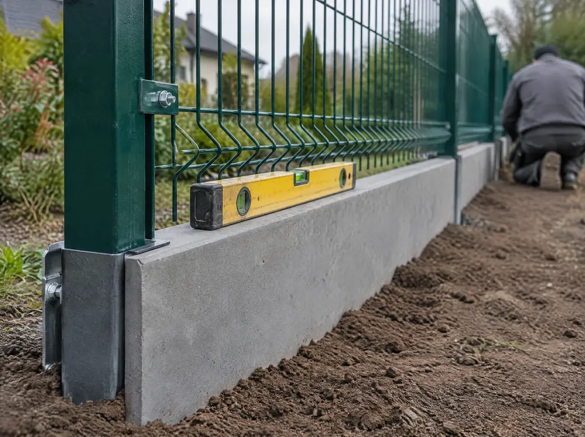 Zielone ogrodzenie panelowe na gładkiej betonowej podmurówce wzdłuż granicy działki pod Wrocławiem