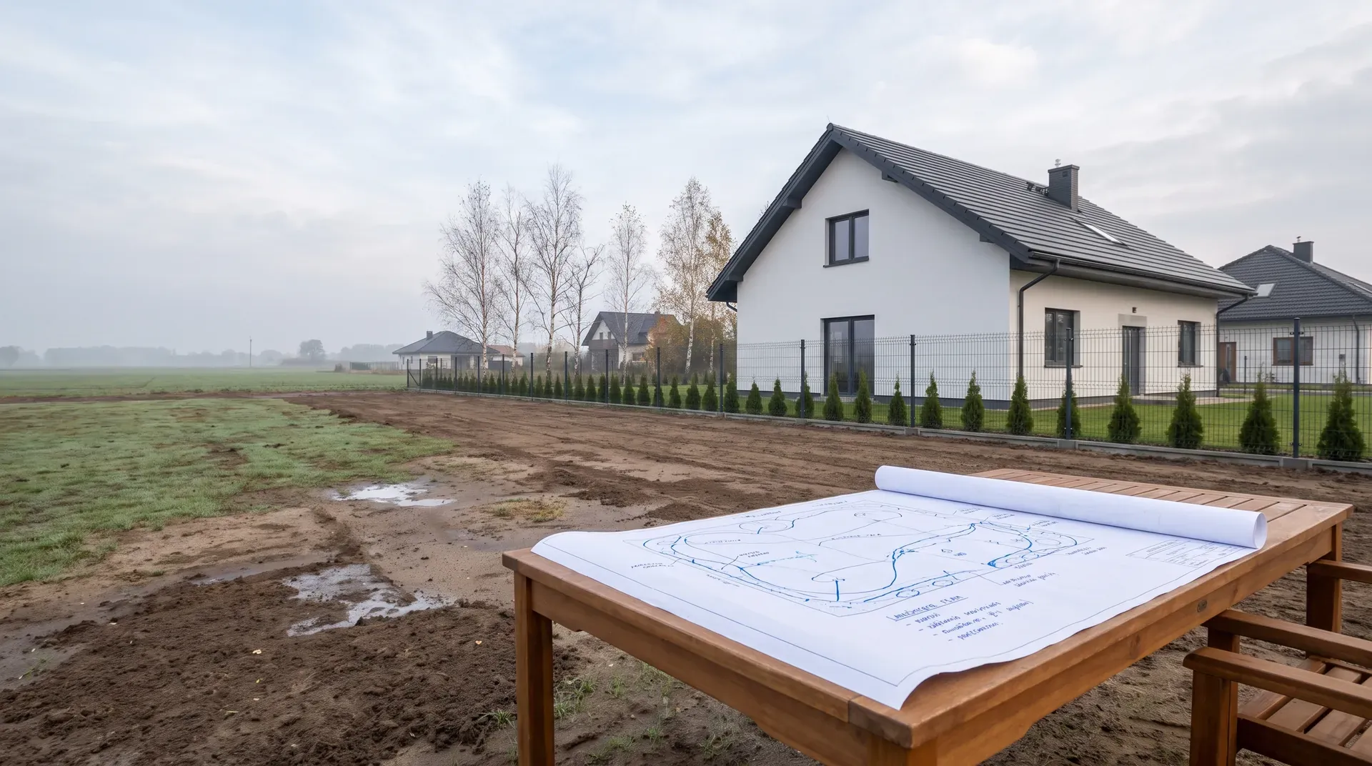 Projekt nawadniania ogrodu rozłożony na stole obok wyrównanej działki nowego domu