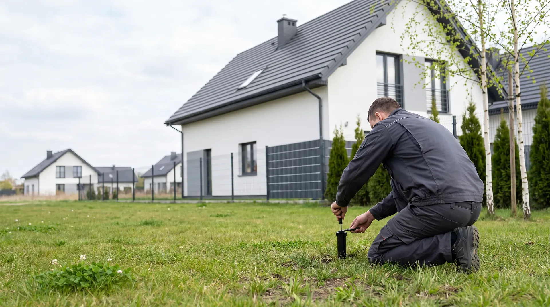 Technik reguluje zraszacz wynurzalny na trawniku przy nowoczesnym domu pod Wrocławiem wiosną