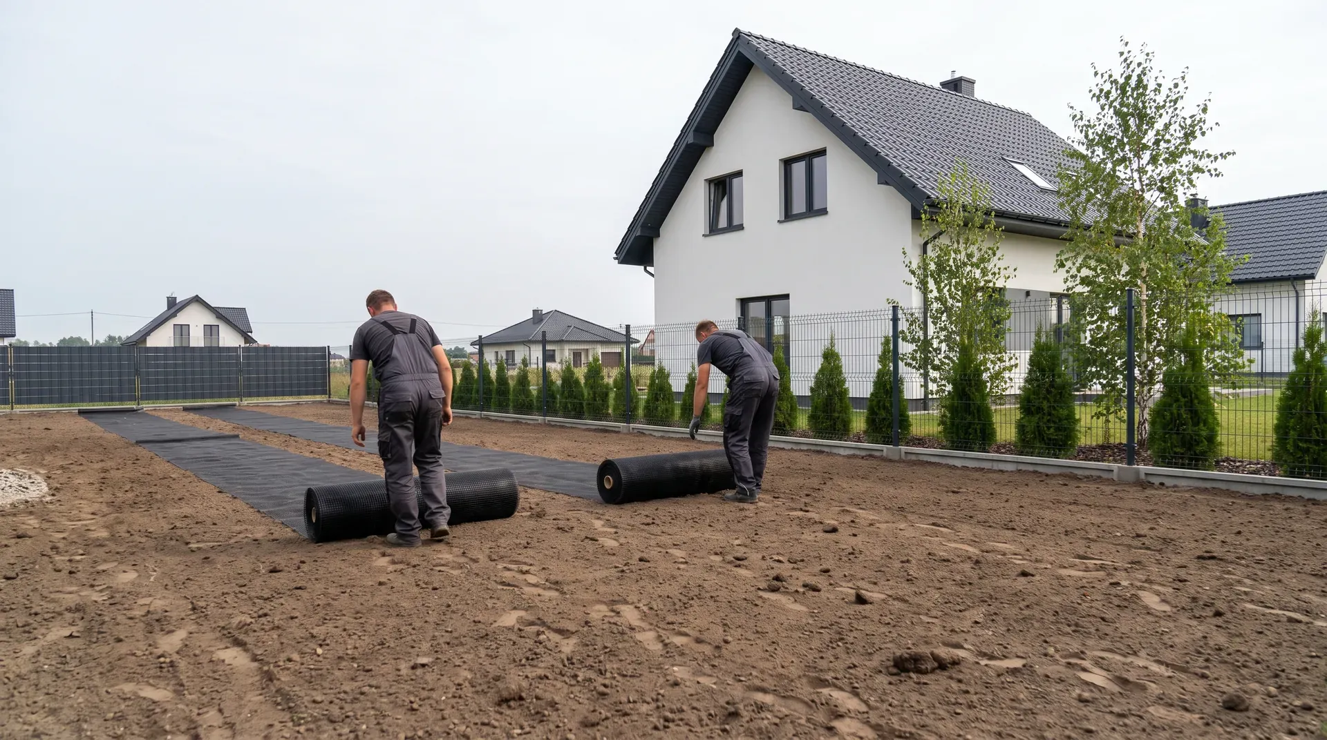 Rozwijanie siatki przeciw kretom na wyrównanej ziemi przed ułożeniem trawy z rolki