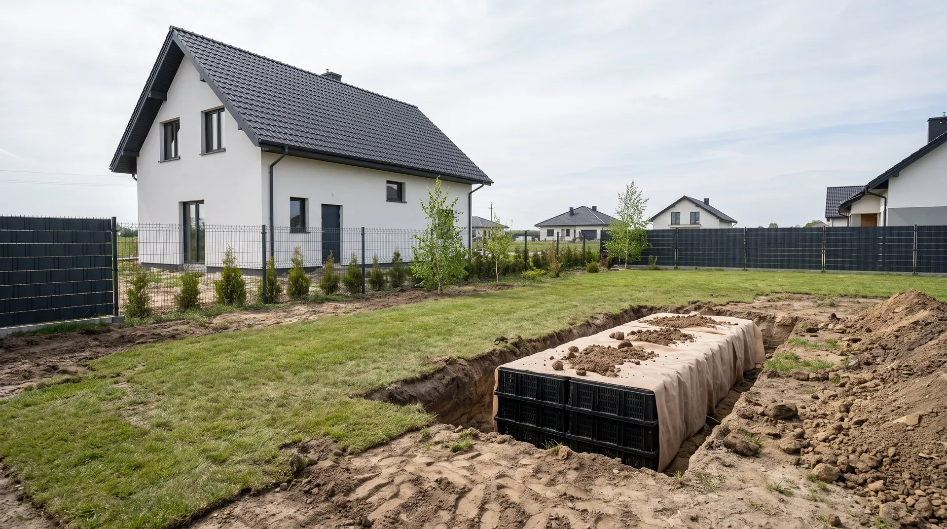 Czarne skrzynki rozsączające owinięte geowłókniną w wykopie przy nowym domu pod Wrocławiem