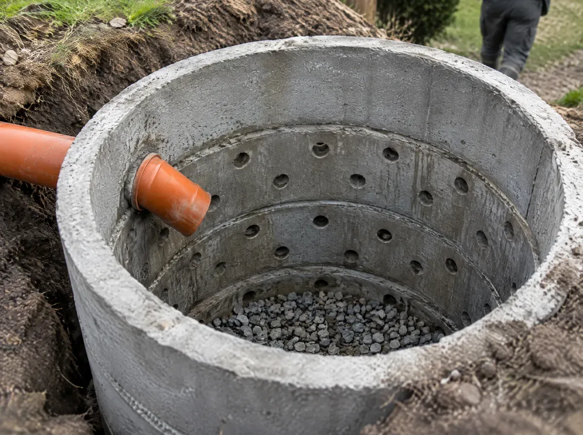 Kręgi betonowe studni chłonnej osadzane w wykopie ze żwirem przy domu pod Wrocławiem