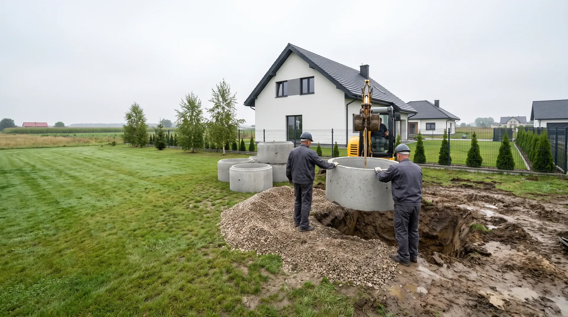Montaż kręgów betonowych studni chłonnej w wykopie z obsypką żwirową pod Wrocławiem