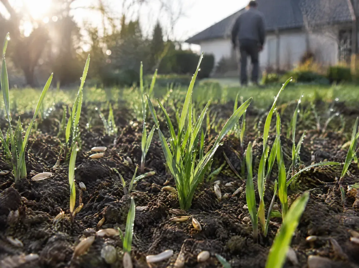 Pierwsze zielone siewki trawy na zagrabionej ziemi przed nowym domem na Dolnym Śląsku