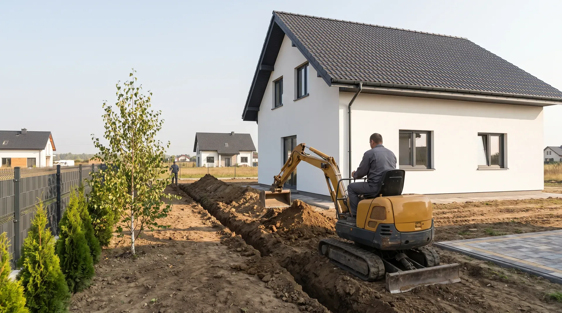 Minikoparka kopie rów przy nowo wybudowanym domu na przedmieściach Wrocławia