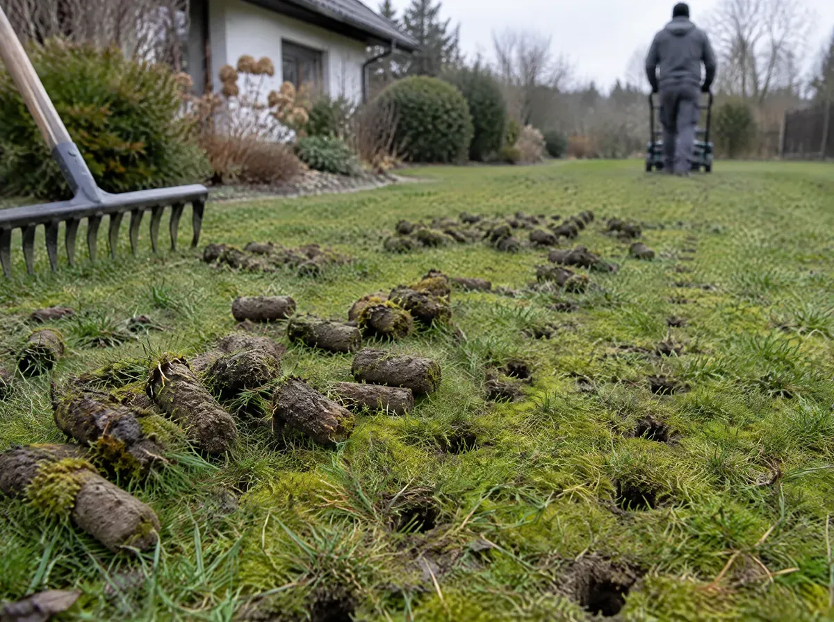Wertykulator na trawniku przy domu, obok wyczesany filc i mech w pryzmach