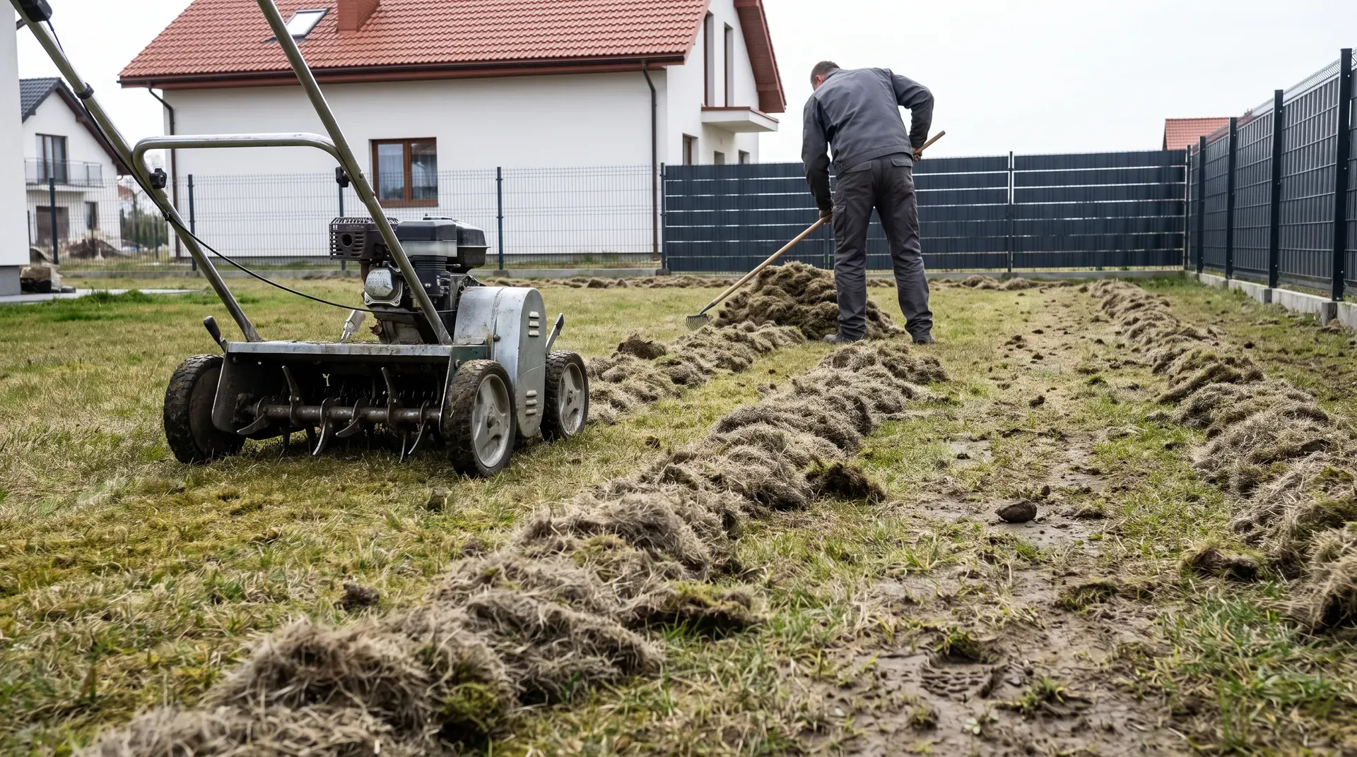 Wertykulator na trawniku przy domu, obok wyczesany filc i mech w pryzmach